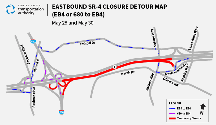 Eastbound SR 4 Closure Detour Map EB4 or 680 to EB4 Traffic Advisory 05 28 2020