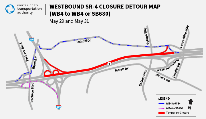 Westbound SR 4 Closure Detour Map WB4 or WB4 to SB680 Traffic Advisory 05 28 2020