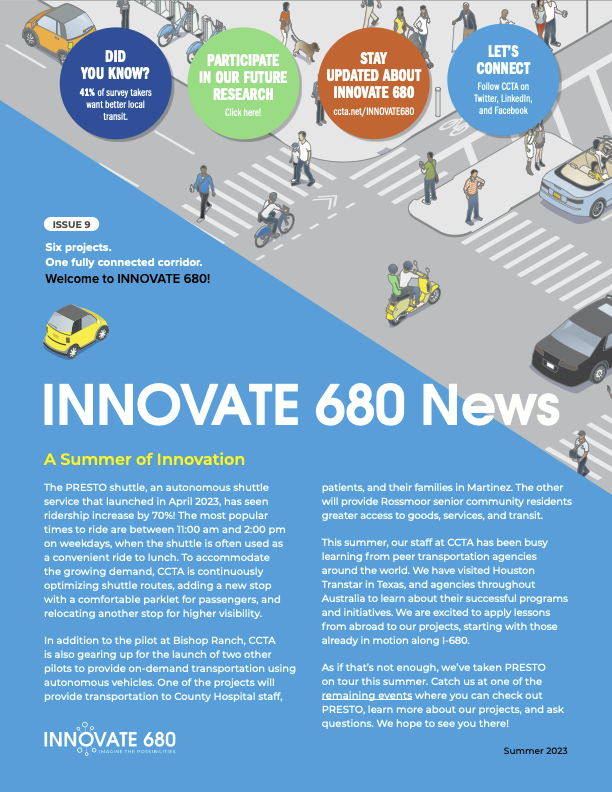 Innovate 680 newsletter discussing autonomous shuttle services, transportation projects, and community engagement events.