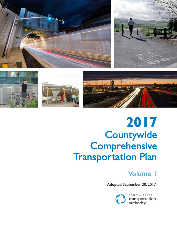 Cover page of the 2017 Countywide Comprehensive Transportation Plan by the Contra Costa Transportation Authority, featuring various images related to transportation and accessibility.